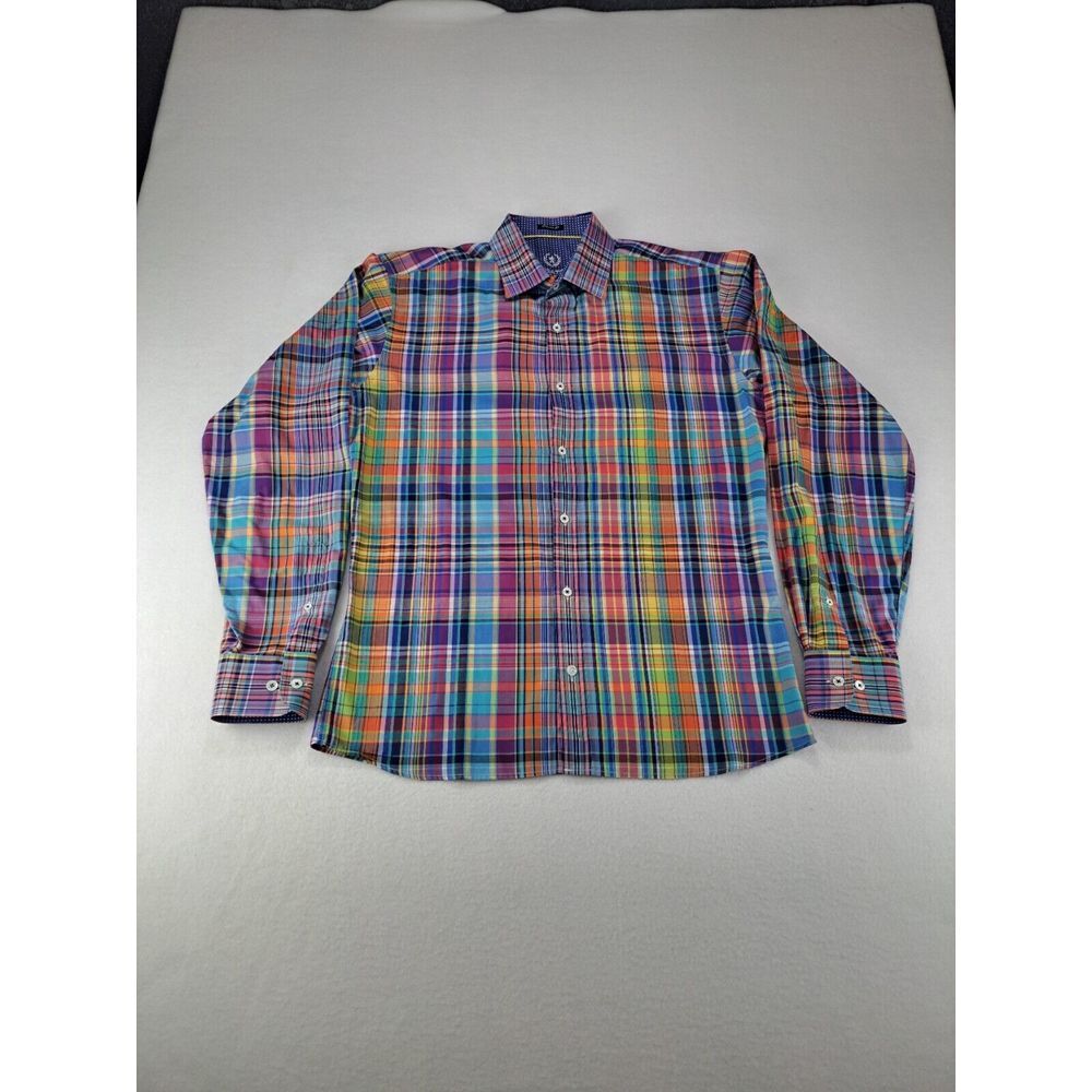 Bugatchi Uomo Button Up Dress Shirt‎ Mens Small Plaid Classic Fit Long Sleeve